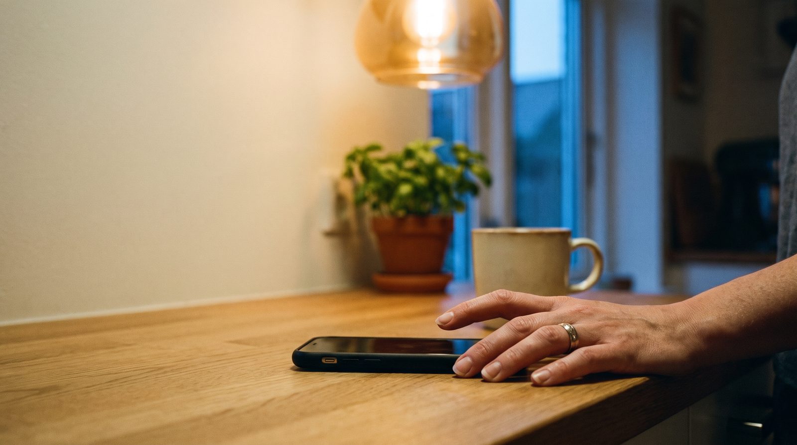 A hand resting on a phone laid face down on a wooden table, beside a mug and a potted plant in the evening