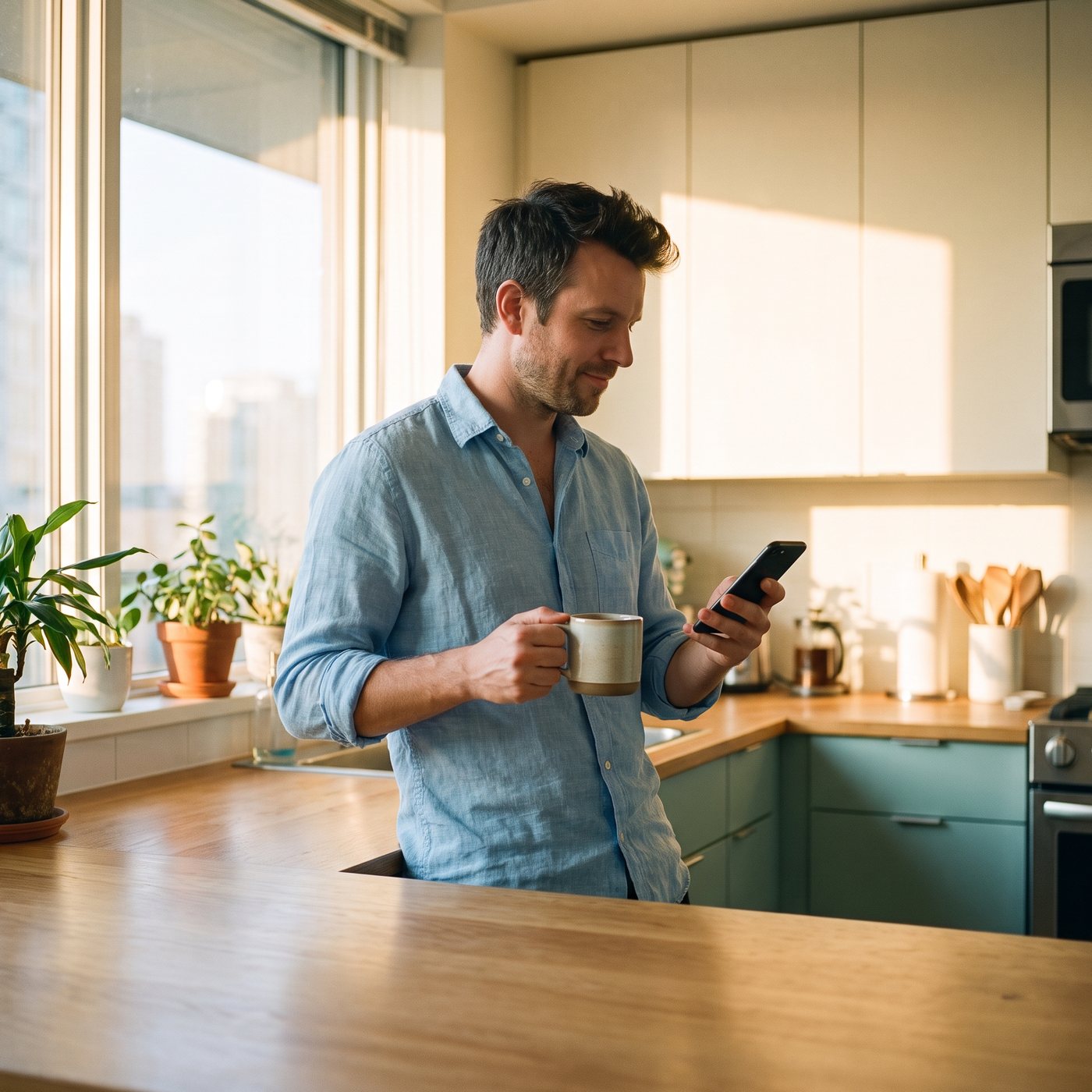 The same man in his kitchen the next morning, holding a coffee and checking his phone