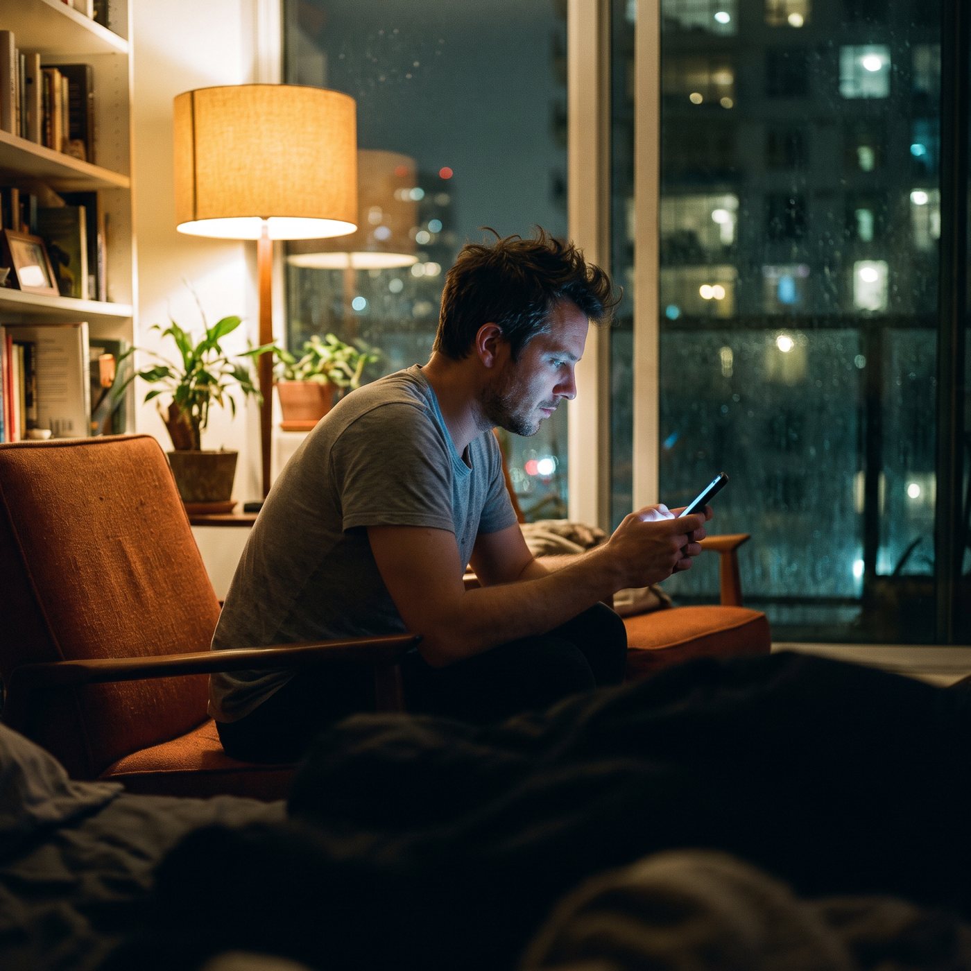 A man in an armchair late at night, scrolling a shopping app on his phone, city lights in the window