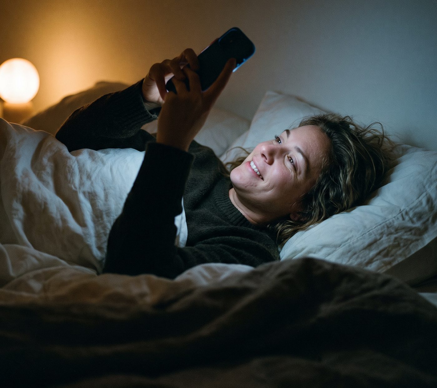 A woman in bed late at night, her face lit by her phone as she shops